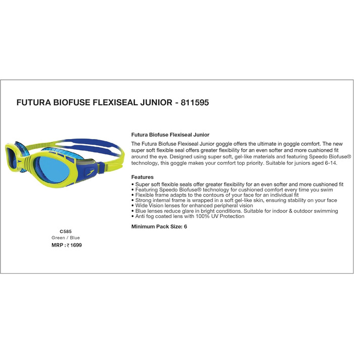 Окуляри для плавання Speedo Futura Bio Fuse Flexi Seal (унісекс, дитячі/юніорські) - Surf Blau/Limetten Grün/Bondi Blau