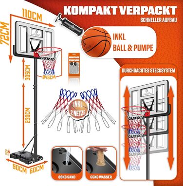 Баскетбольний кошик KESSER® Outdoor зі стійкою та колесами. В комплекті 2 сітки, м'яч та насос. Регульована висота 230-305 см. Підходить для дітей та дорослих.