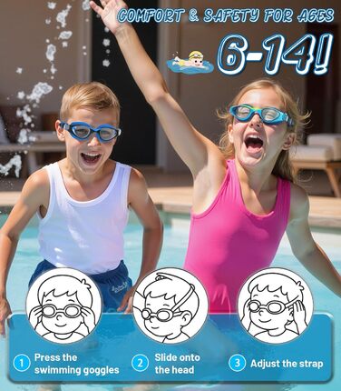 Дитячі окуляри для плавання Schwimmbrille: захист від УФ-променів та запобігання запотіванню, водонепроникні, для хлопчиків та дівчаток 6-14 років, сині + темно-сині
