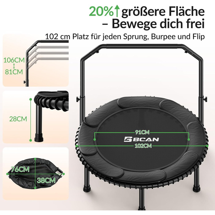 Міні-батут BCAN для дорослих, 102/122 см, до 204/250 кг, з еластичними тросами, регульованою ручкою, стабільний, тихий, для дому та вулиці, тренування всього тіла, розслаблення вдома - Зелений (102 см)