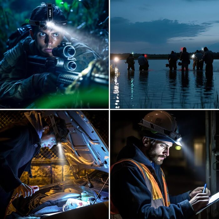 Ліхтар на лоб Lepro, акумуляторний, IP65, 1000 люмен, знімний LED, червоне світло, 6 режимів, для кемпінгу, спорту, риболовлі, майстерні, з USB-C кабелем