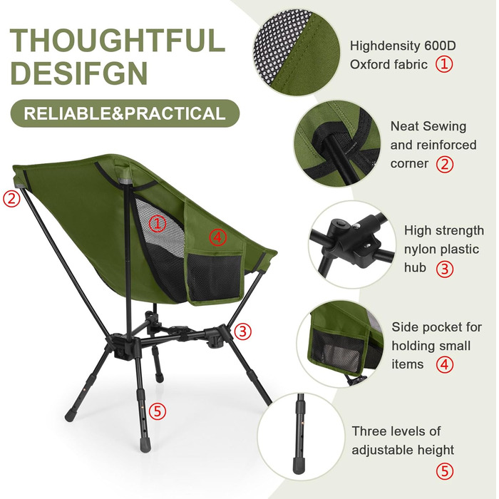 Складний туристичний стілець TOPCHANCES для кемпінгу та відпочинку на природі (армійний зелений)