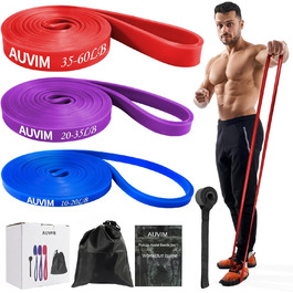 Набір еластичних стрічок для фітнесу AUVIM: 3 рівні опору для силових тренувань, розтяжки, калістеніки, кросфіту, пілатесу, йоги. У комплекті: дверний анкер та сумка для зберігання (блакитний, фіолетовий, червоний)