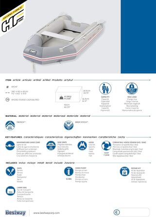 Надувний човен Bestway Hydro-Force Caspian Pro 280x152x42 см для 3 дорослих і 1 дитини, комплект для спорту