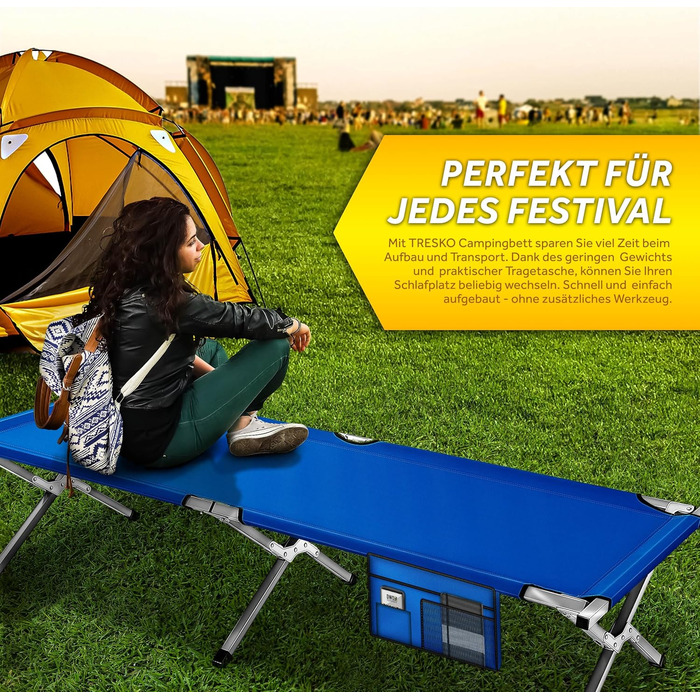 Намет-ліжко TRESKO XXL для кемпінгу, сталевий каркас, 150 кг, 210 x 90 x 42 см, блакитний