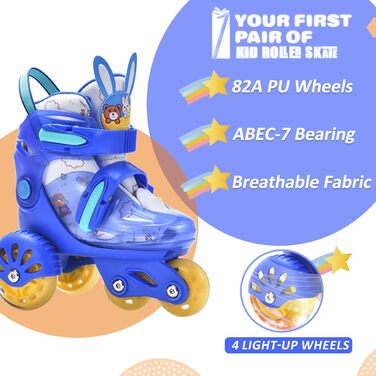 Ролики дитячі ERNAN, регульовані, для дівчаток та хлопчиків, безпечні ролики для початківців з великими колесами (Blue, S)