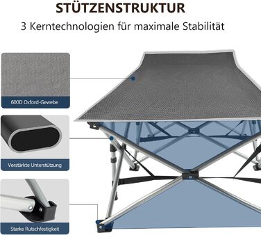 Розкладне ліжко Bonnlo для кемпінгу з матрацом – ліжко для риболовлі, відпочинку на природі, у саду, на пляжі, 190×71x36 см, сірий