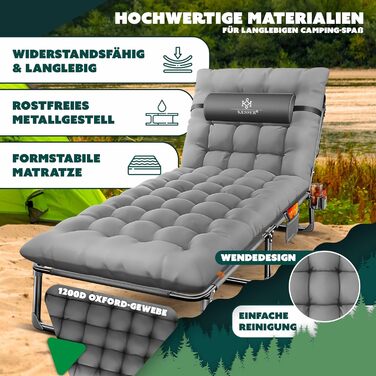Кемпінгове ліжко KESSER® складне з сумкою, подушкою, кишенею та тримачем для напоїв, 190 x 68 x 30 см, до 250 кг, з оксфордської тканини та сталевим каркасом, для саду та кемпінгу, антрацит/сірий
