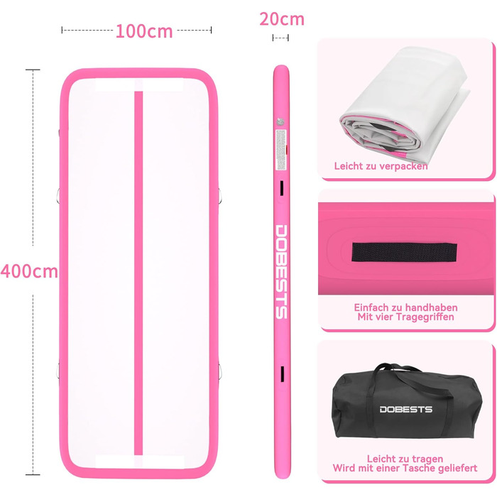 Мата для гімнастики DOBESTS Airtrack Matte, 400x100x20 см, рожева. Розвиваючий килимок для акробатики, йоги, фітнесу, тренувань вдома та на вулиці з насосом та сумкою.
