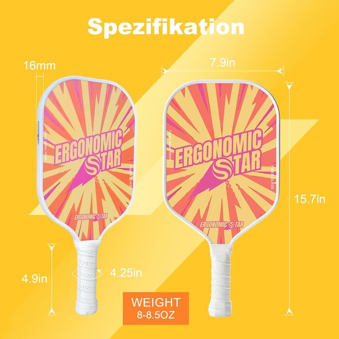 Набір для піклболу Ergonomicstar: фібергласові ракетки, 4 м'ячі, сумка та чохол. Легкі ракетки для початківців, підходять для гри в приміщенні та на вулиці (помаранчеві)