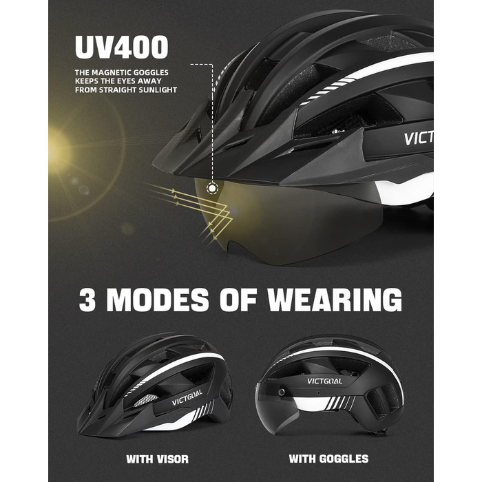 Велосипедний шолом VICTGOAL MTB з магнітним візором, знімним сонцезахистом і LED підсвіткою, для дорослих, чорний-білий, розмір M (54-58 см)