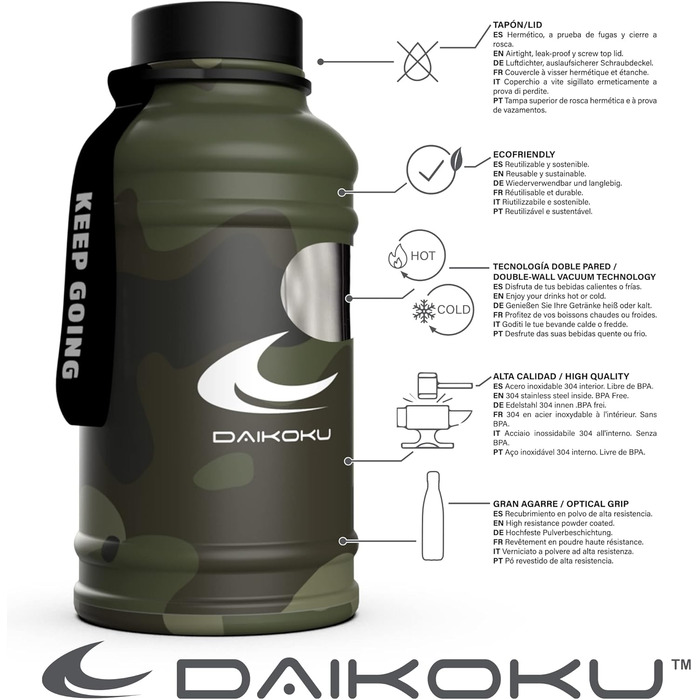 Термос-бутилка Daikoku з нержавіючої сталі 1,3 л, BPA Free, подвійні стінки, збереження температури 12-24 год, для спорту, фітнесу, зелений камуфляж