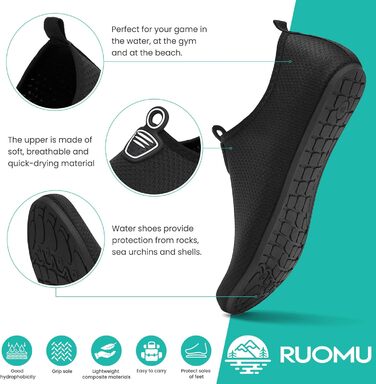 Чоловічі та жіночі аквашузи для плавання та відпочинку на пляжі. Легкі, швидковисихаючі, з антиковзким покриттям. Розмір 41 EU, чорний колір