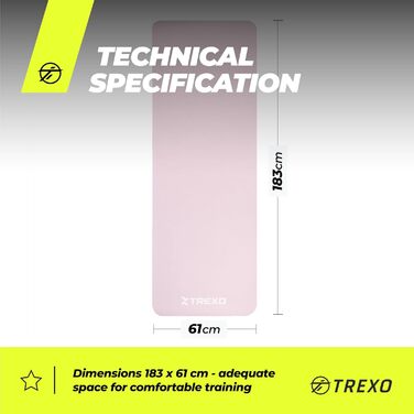 TREXO килимок для фітнесу NBR, рожевий, 183x61 см, 15 мм, з ручками