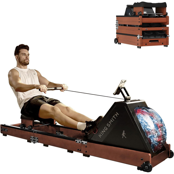 Складний тренажер для веслування, веслувальний тренажер, водонепроникний з 6 рівнями навантаження, для дому, складаний у 3 рази, вантажопідйомність 150 кг, сумісний з додатком, дуб червоний