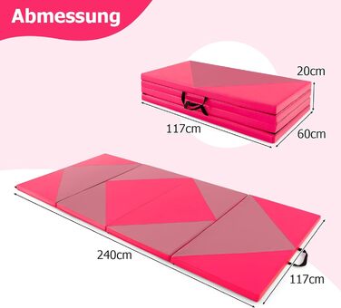 Складаний гімнастичний мат COSTWAY 240x120x5 см рожевий, м'який мат для йоги, фітнесу, акробатики, портативний мат для занять спортом