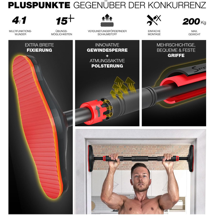 Кімнатна турнік Sportstech KS260/270 для дверей, до 200 кг, з фіксацією Gear-Lock, регульована 70-90 см, без свердління, Calisthenics
