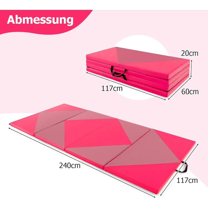 Складаний гімнастичний мат COSTWAY 240x120x5 см рожевий, м'який мат для йоги, фітнесу, акробатики, портативний мат для занять спортом