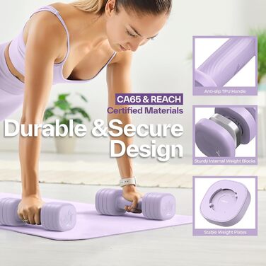 Набір гантелей Sportneer регульовані жіночі – 2 шт. (1–2,5 кг) з неслизьким TPU-покриттям, 4-в-1 для дому, фітнесу та силових тренувань Aura-Lavendel