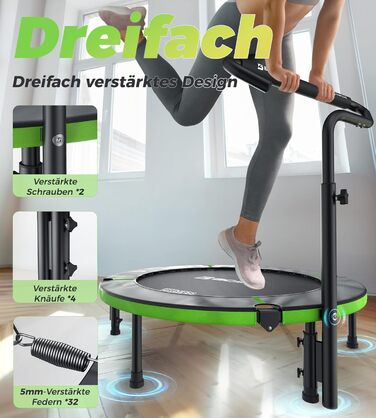 Міні-батут BCAN для дому, 102 см, складний, для дорослих, з регульованою ручкою, до 150 кг, для фітнесу та тренувань