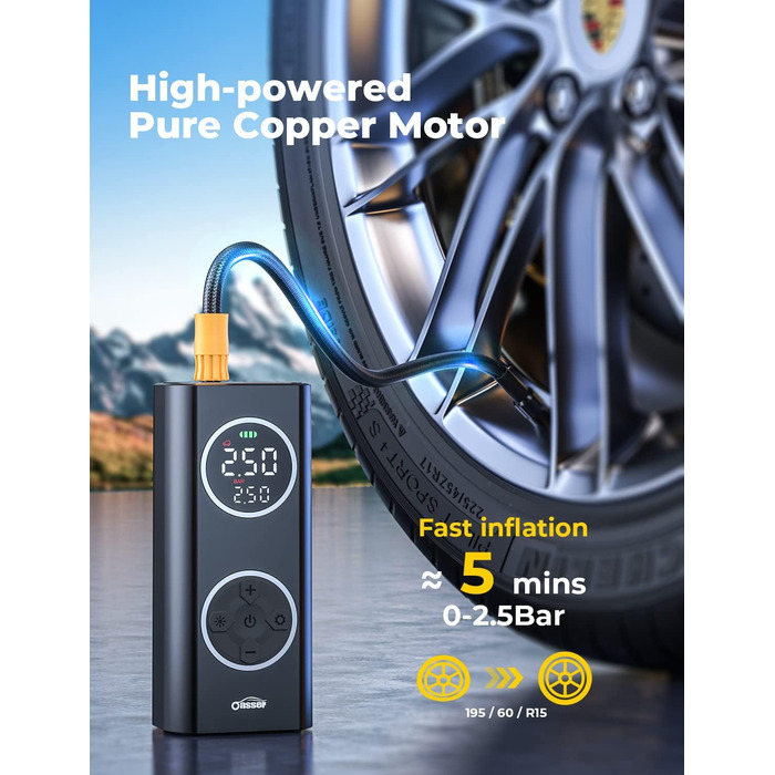Електричний повітряний компресор Oasser 12В 150PSI, акумулятор 6000 мА·год, USB Type-C, LCD-дисплей, для авто, мотоциклів, велосипедів, м'ячів