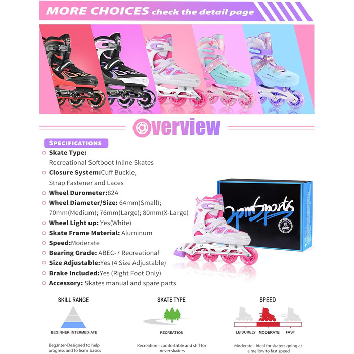 Дитячі ролики 2PM SPORTS регульовані, світні, для дівчаток/хлопчиків (біло-рожеві, X-Large(EU 42-44.5))