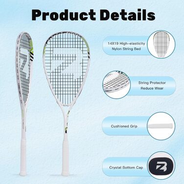 Сквош ракетка BatZoom для початківців – легка та довговічна тренувальна ракетка для дорослих та підлітків, попередньо натягнута з комфортною ручкою та демпфером - у комплекті сумка білого кольору