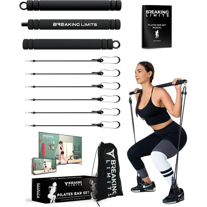 Пілатес Бар для фітнесу Breaking Limits - набір зі стійкою та 6 гумками для дому. Сталь, піна, чорний ремінь