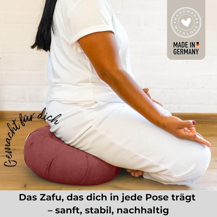 Зафу для медитації Inner Peace | Йога подушка з екологічної дінкової наповнювачем | Подушка для медитації напівмісяця | Зроблено в Німеччині | Зручний знімний чохол з 100% органічної бавовни (лісова полуниця)