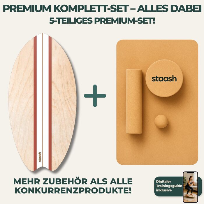 STAASH® PRO Балансборд з берези – Преміум 5-в-1 набір для балансу, фітнесу та реабілітації. Ролик + півсфера + килимок. Витримує до 150 кг, колір теракота