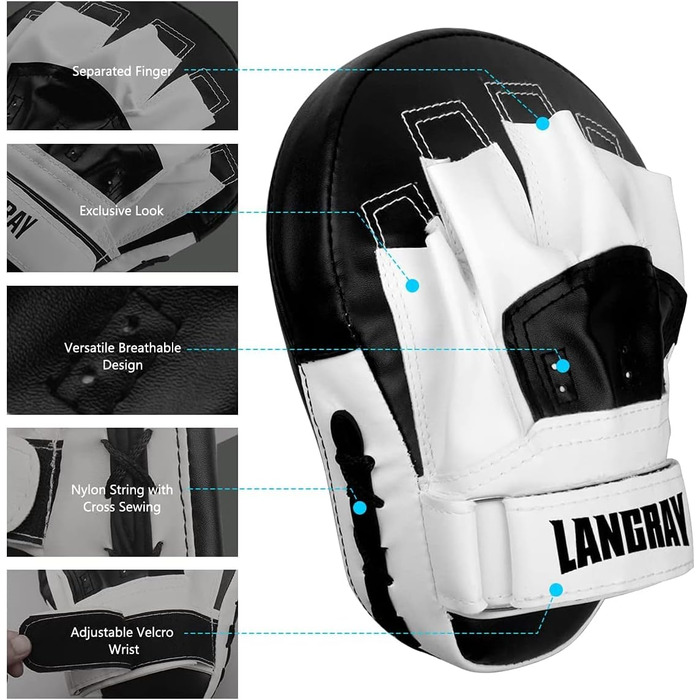 Рукавички для боксу LangRay - 1 пара, з штучної шкіри, для кікбоксингу, MMA, муай-тай, карате (чорно-білі)