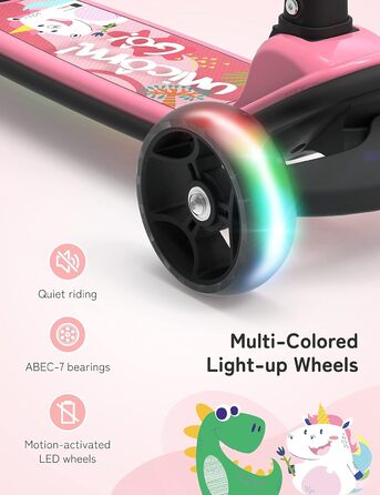 Дитячий самокат Besrey з великими колесами, світлодіодними ліхтарями та регульованою висотою, для дітей 3-8 років (Рожевий, Єдиноріг)