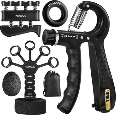 Набір для тренування сили хвату TADAKAZU (5 шт.): Силовий тренажер для рук, хватки, пальців, кульки для зняття стресу та кільце для тренування передпліччя. Чорний.