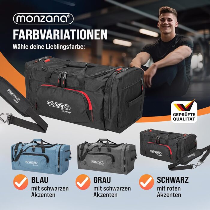 Спортивна та дорожня сумка MONZANA 90 л з відділенням для взуття та вологих речей, водовідштовхувальна, чорна, 65x32x33 см, з плечовим ременем, тижневик для фітнесу