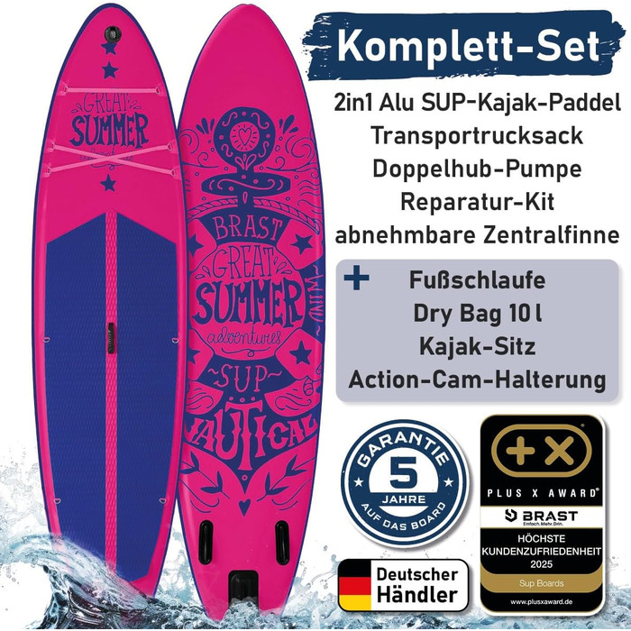 SUP дошка BRAST Summer надувна, 320x81x15 см, рожева: комплект з аксесуарами (рюкзак, весло 2-в-1, сидіння для каяка, тримач для екшн-камери, ліш)