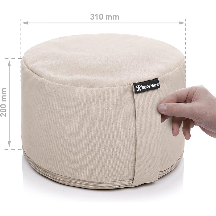 Подушка для йоги та медитації BODYMATE кругла бежева, 31 см, висота 20 см. Наповнювач - лушпина гречки, чохол з бавовни. Сідальний килимок.