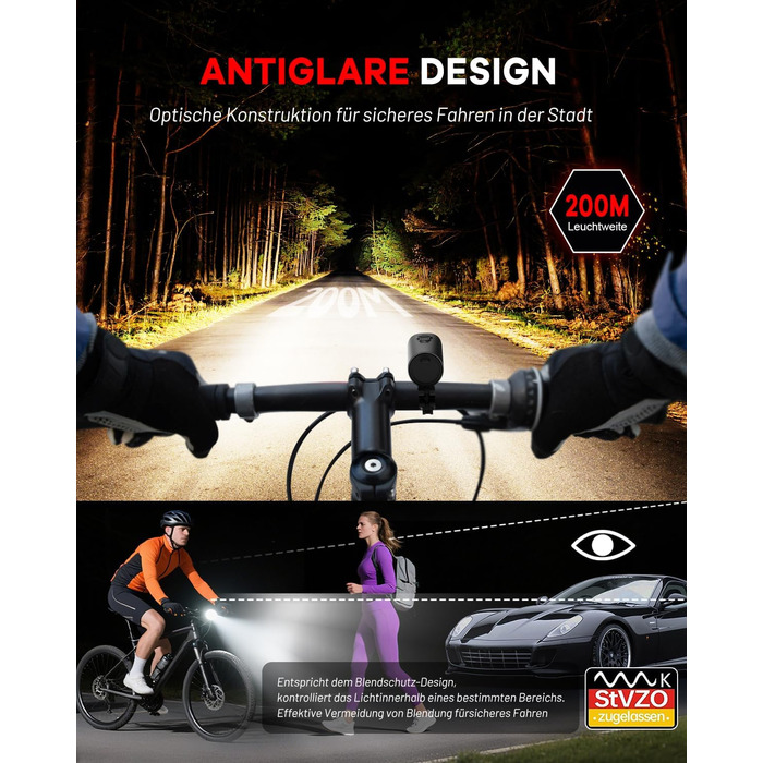 Набір велосипедних ліхтарів SFGSUP LED з USB зарядкою, водонепроникні (IPX5), схвалені StVZO