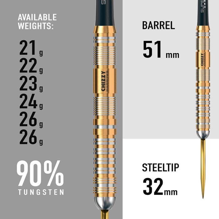 Дротики Harrows Dave Chizzy Chisnall 90% вольфраму, сталевий наконечник, професійний сет, 23г, Supergrip-держачі, 100 мікрон Chizzy-пір'я