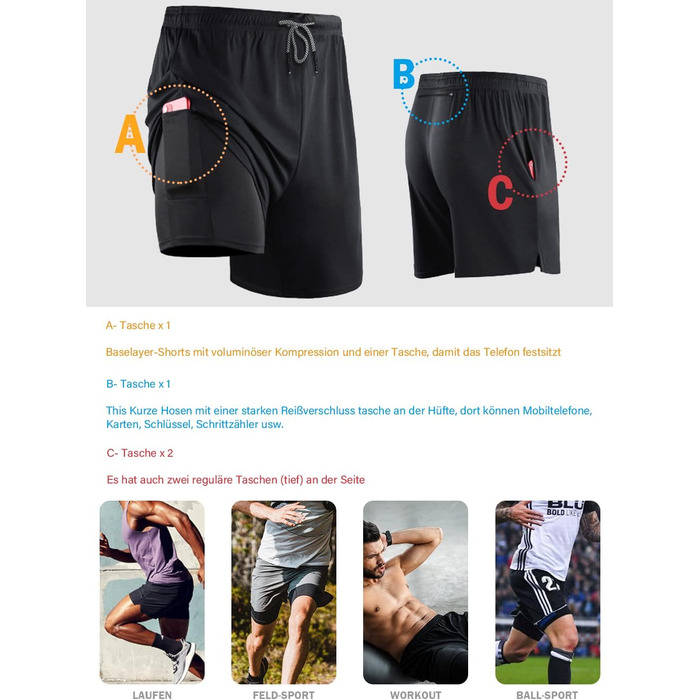 Шорти чоловічі HOPLYNN 2-в-1 літні, швидковисихаючі, для бігу та фітнесу, чорні