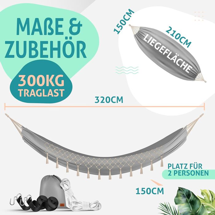 Гамак KESSER® 320x150 см, до 300 кг, сірий – для кемпінгу, саду та відпочинку на природі (з мішком, мотузками та ременями)