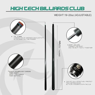 Кю Billardqueue KHEALING з карбону, 58 дюймів, 1/2-дюймова структура, 3-зубчастий з'єднувальний елемент, 12.4 мм наконечник, 540-567 г, для професійних гравців у більярд (зелений)