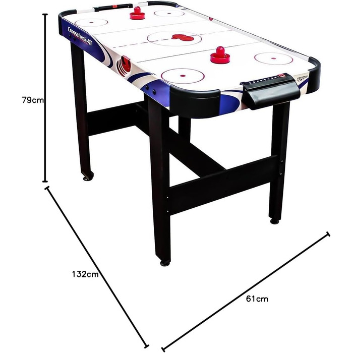 Airhockey стіл Carromco Crosscheck-XT – ігрове поле з високоглянцевим покриттям, вентильоване поле, 2 шайби та 2 ракетки, розмір 79x122x61 см, синій, для дітей та дорослих