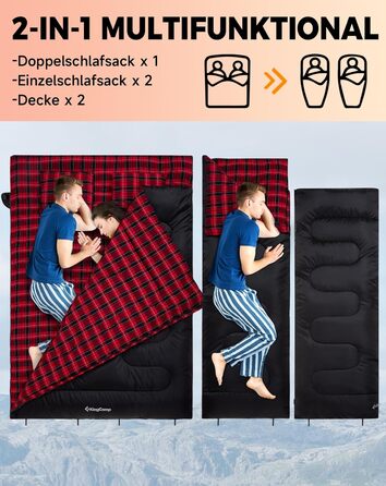 Спальний мішок KingCamp на 2 особи з фланнелю для зими, 3-4 сезони, з подушками, для кемпінгу та відпочинку на природі (чорний)