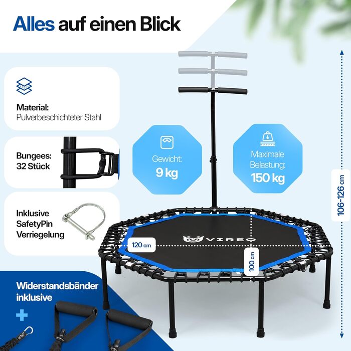 Батут фітнес VIREO для дорослих 102 см, до 150 кг, складаний, з ручкою, гумовими стрічками, для дому