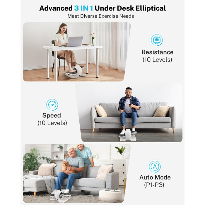 Еліптичний тренажер Gonex під стіл для літніх людей з 10 рівнями опору, тренажер для ніг, як у телепередачі, педальний тренажер для сидіння, 10 швидкостей & 3 автоматичні режими (білий)