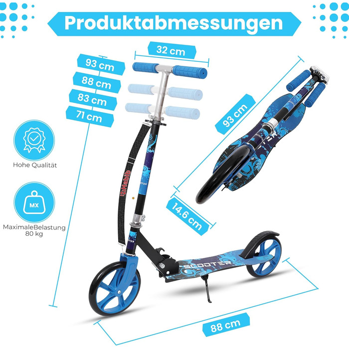 Дитячий трюковий самокат Habib Kickroller – складаний, з регулюванням висоти, великі колеса, до 80 кг, блакитний