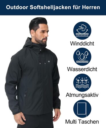 Чоловіча куртка Softshell Huayuzh — водонепроникна, вітрозахисна та дихаюча outdoor куртка для походів, кемпінгу та прогулянок, чорна, розмір S