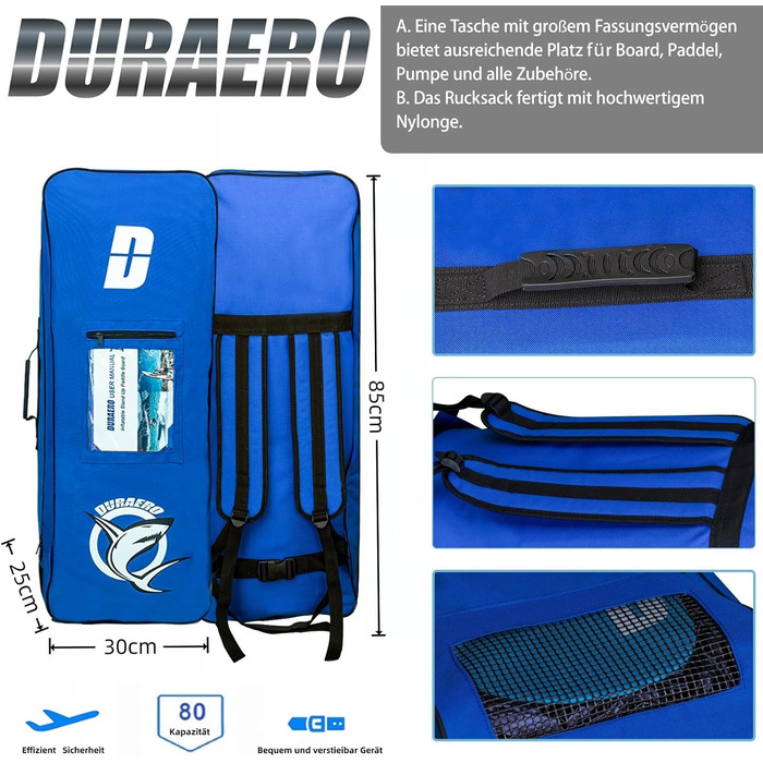 Надувний SUP-борд для веслування стоячи з каяковим сидінням, 330x76x15 см, вантажопідйомність до 150 кг, кріплення Cam, інтегрована підставка для ніг, 3 плавники, регульоване дволопатеве весло, повний комплект аксесуарів, блакитний камуфляж