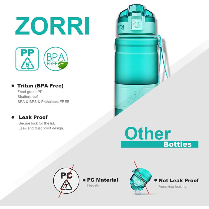 Спортивна пляшка ZORRI 503 мл, 1 л, 700 мл, 500 мл, 400 мл, BPA-Free, для води та газованих напоїв, без витоку, еко-пляшка для дітей, школи, спортзалу, фітнесу, велосипеда, м'ятно-зелений колір