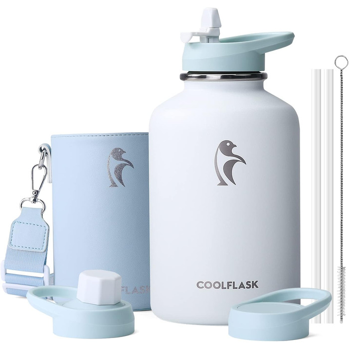 Coolflask пляшка для води 2 л з нержавіючої сталі з PU-чохлом, термос з металу із кришкою зі соломинкою, тримає холод 48 годин, гаряче 24 години, небесно-блакитна
